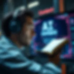 A person deeply reading a book while a digital screen displays AI-generated text, symbolizing the contrast between human engagement and artificial intelligence in learning.
