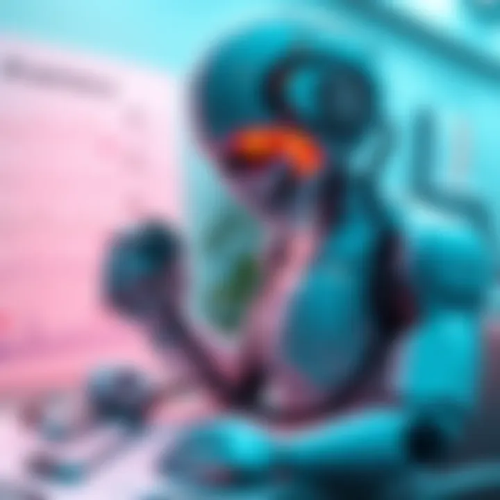 A visual representation of AI technology in a healthcare setting, showing a robot interacting with a stethoscope and medical charts.