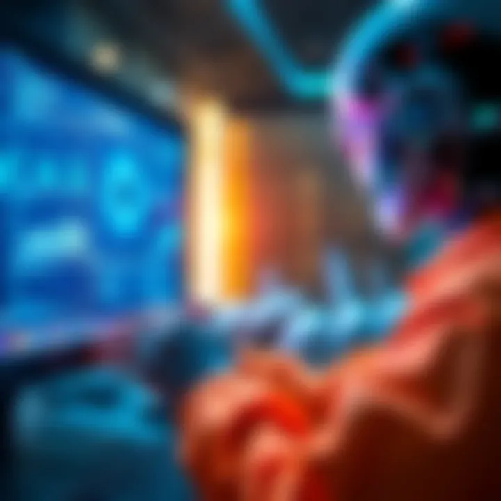 A person interacting with a computer displaying facts and data related to research. The screen shows graphs and text, symbolizing AI's role in providing accurate information.