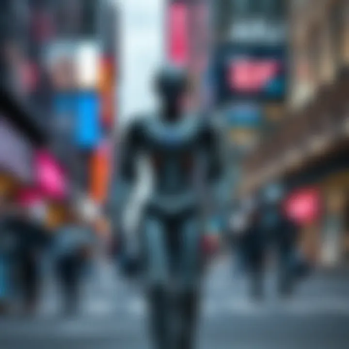 A humanoid android walking among people in a busy city street, showcasing advanced technology in a modern urban setting.