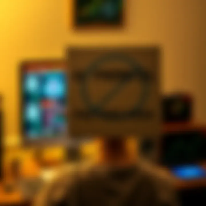 A person holding a cardboard sign opposing AI technology with a computer in the background displaying AI-generated content.