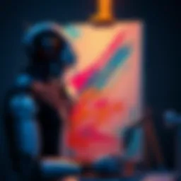 A human artist and a robotic arm working together on a painting, symbolizing the intersection of technology and creativity.