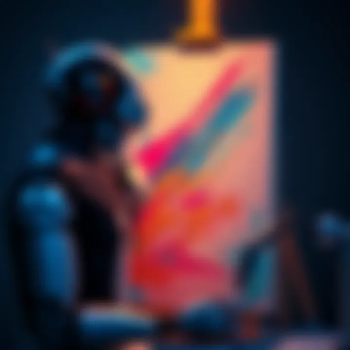 A human artist and a robotic arm working together on a painting, symbolizing the intersection of technology and creativity.