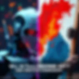 A split image showing a robot creating digital art on one side and a human artist painting on canvas on the other side.