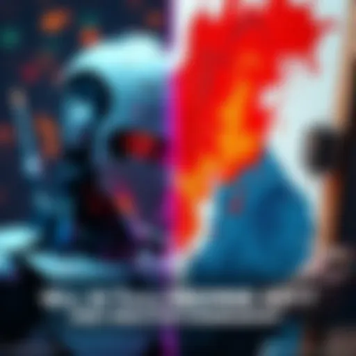 A split image showing a robot creating digital art on one side and a human artist painting on canvas on the other side.