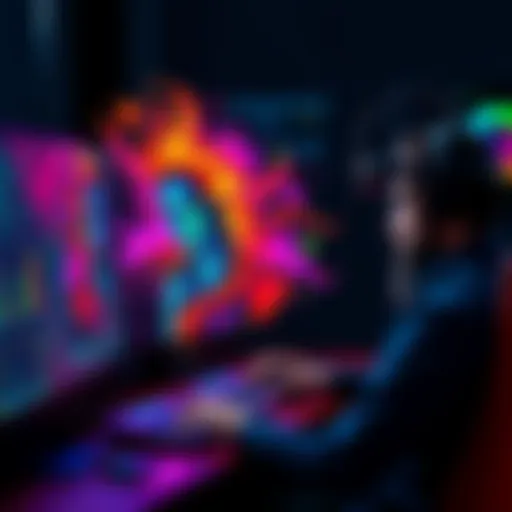 An artist using a computer to create colorful AI-generated artwork