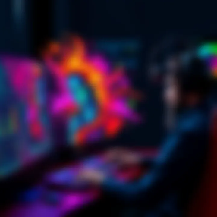 An artist using a computer to create colorful AI-generated artwork