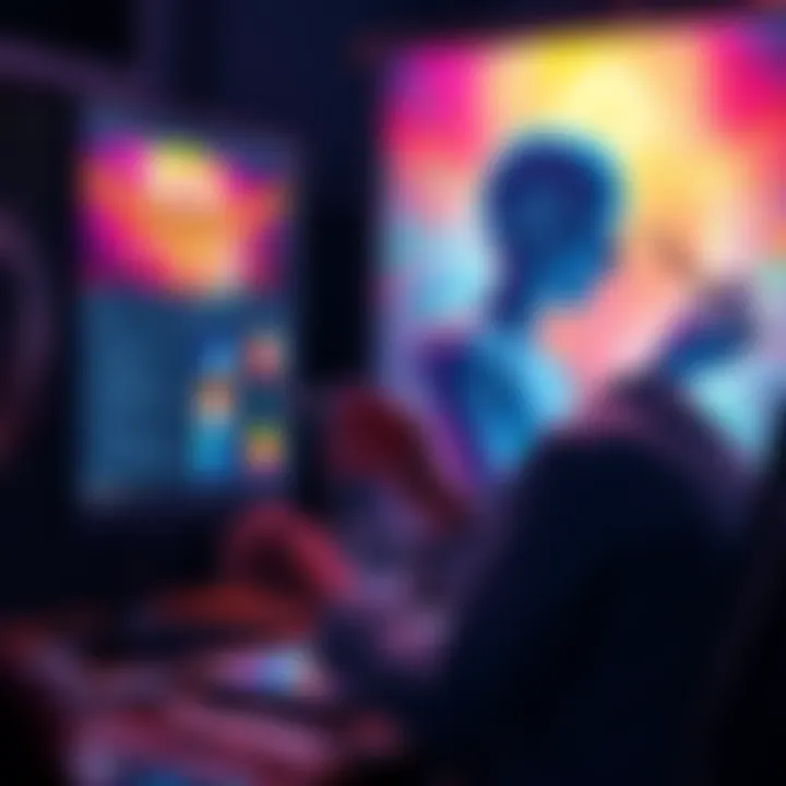 A digital art scene showing an AI interface guiding an artist in creating artwork, with vibrant colors and artistic tools in use.