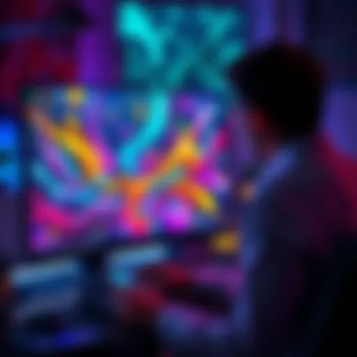 An artist prompts an AI to generate artwork on a computer screen, showcasing colorful abstract designs.