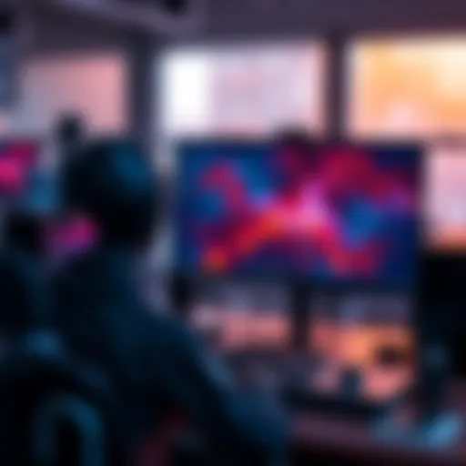 A digital artist working on AI-generated artwork on a computer, with tools like GIMP visible on the screen.