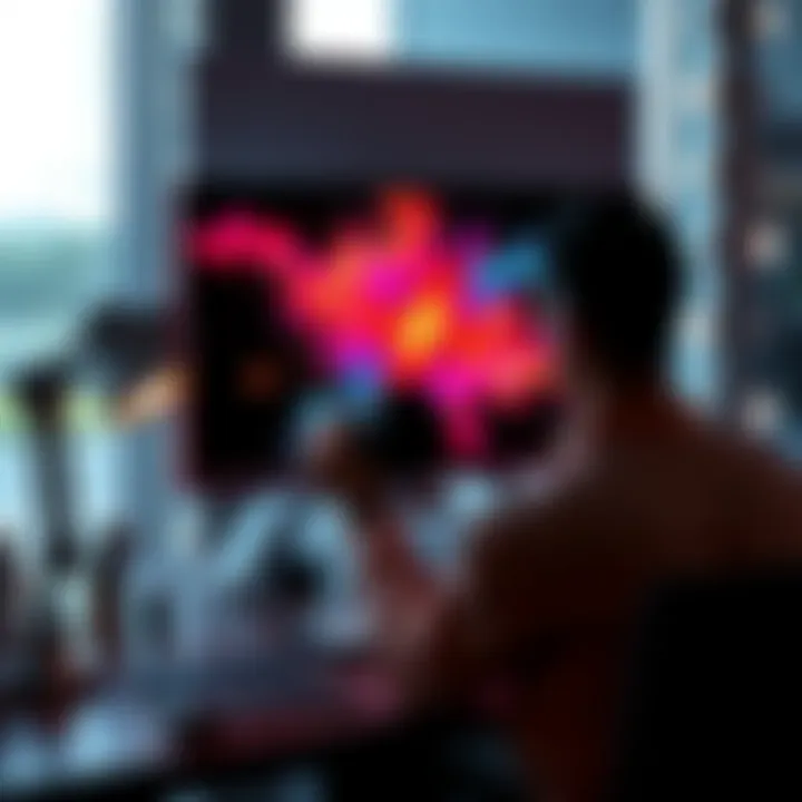 An artist using a computer with AI software to create digital art, showcasing a vibrant canvas on the screen.