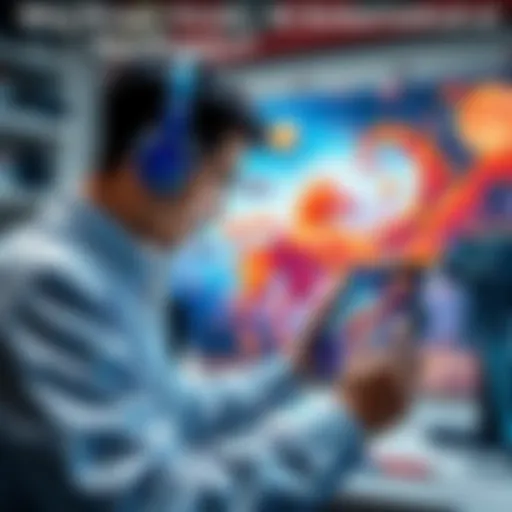 An artist using a tablet to create AI-generated artwork, blending traditional and digital styles.