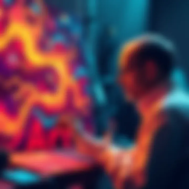 An artist using a digital tablet to create art with AI tools, showcasing a blend of traditional and digital techniques.