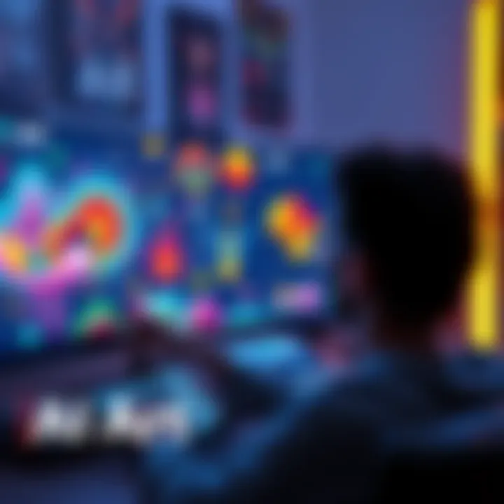A person interacting with a computer, generating colorful AI art on the screen, showcasing various art styles and designs.