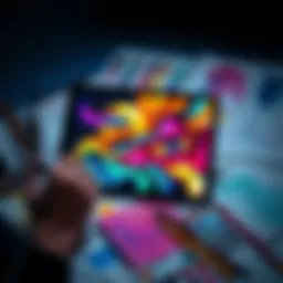 A digital artist uses AI software to create vibrant artwork on a tablet, surrounded by colorful sketches and brushes.