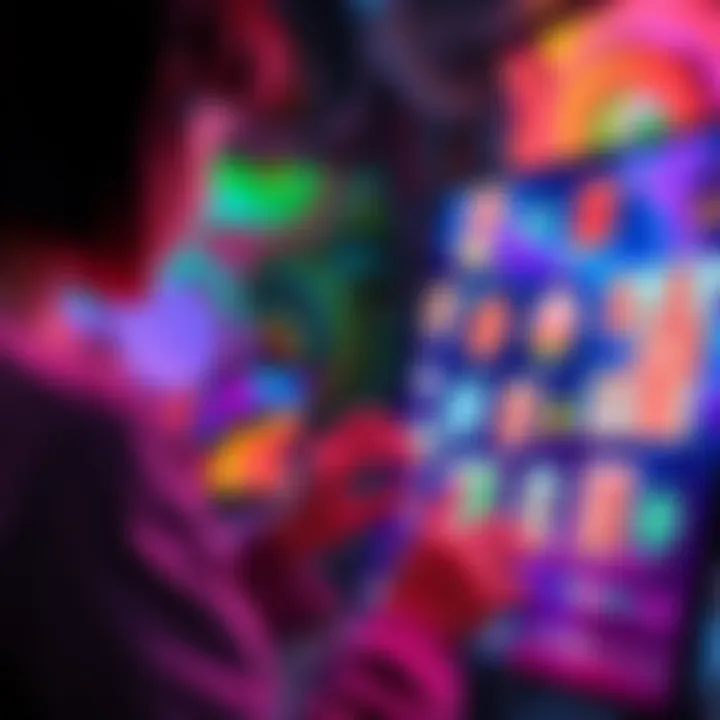 A person creating art using Xilu, with vibrant colors and a digital interface showing various art prompts