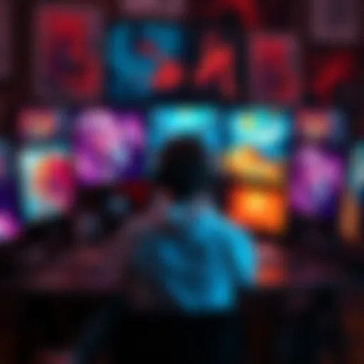 An artist sits at a desk surrounded by digital screens displaying AI-generated art. They appear engaged and focused, showcasing the blend of technology and creativity in their work.