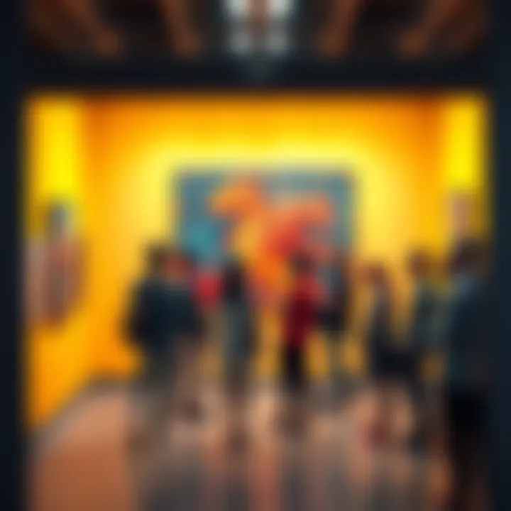 A group of people discussing AI-generated art at a gallery, expressing different opinions about its creativity and value.