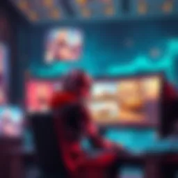 Critique of AI Art A game character sitting in front of a computer screen with art critiques displayed, reflecting the surge in gaming popularity.