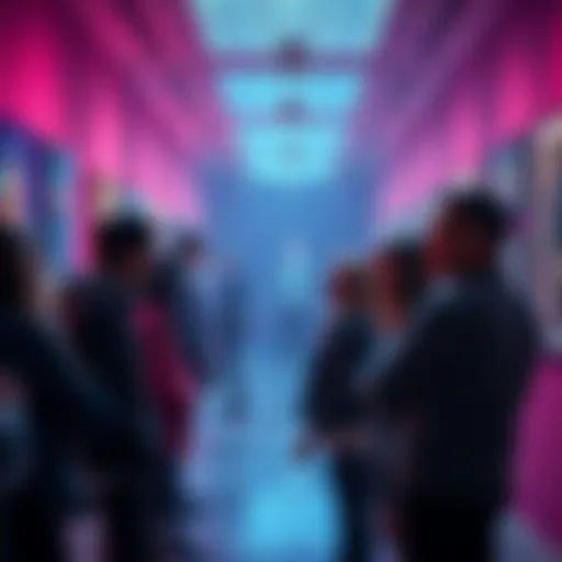 A group of people discussing AI-generated art in a gallery setting, some appear skeptical while others are intrigued.