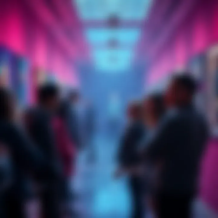 A group of people discussing AI-generated art in a gallery setting, some appear skeptical while others are intrigued.