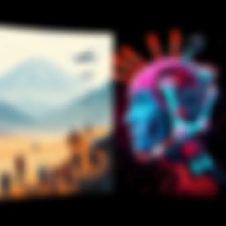 A split-screen image showing traditional art on one side and AI-generated art on the other, highlighting the contrast between the two styles.