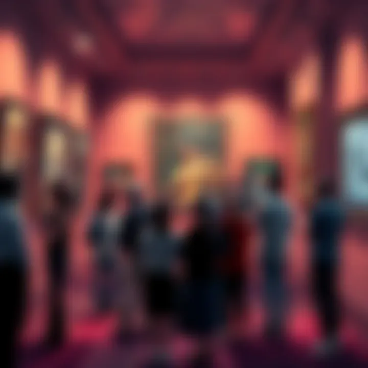A group of people discussing AI-generated art in an art gallery setting, with paintings on the walls and digital displays