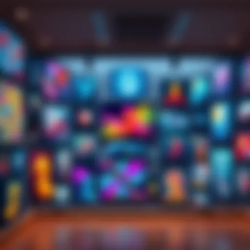 A gallery wall showcasing various pieces of AI-generated art, featuring colorful digital creations and diverse styles.