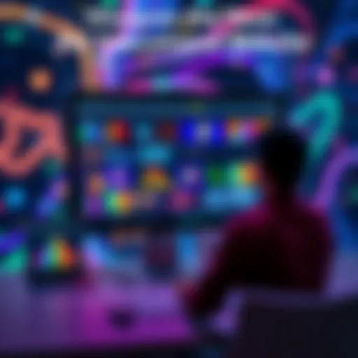 A vibrant display of various AI-generated art pieces on a computer screen with a person exploring the website.