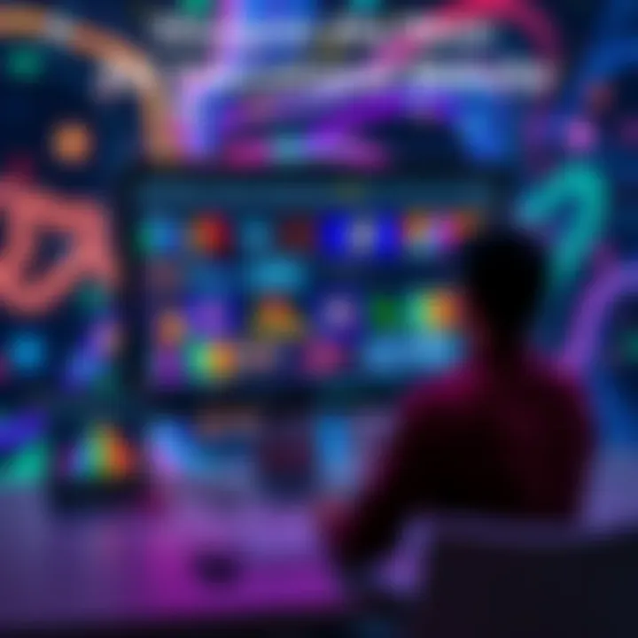 AI Art Educational Website A vibrant display of various AI-generated art pieces on a computer screen with a person exploring the website.