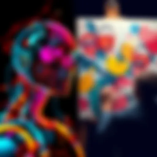 A split image showing a vibrant AI-generated artwork on one side and a painter emotionally creating art on the other side, highlighting the contrast between artificial and human creativity.