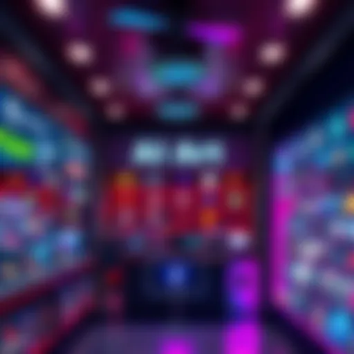 A digital art piece showcasing a virtual game shop with AI-generated logos on display