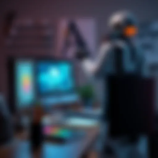 An artist sitting in front of a computer, using an AI program to create art, with traditional art supplies nearby.