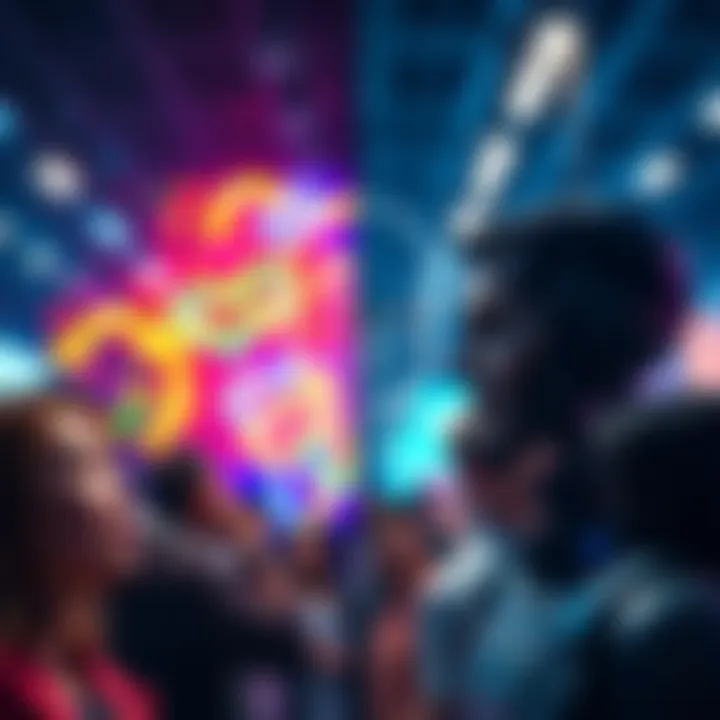 A split image showing people praising colorful AI-generated art on one side and looking disappointed on the other side upon learning its origin.