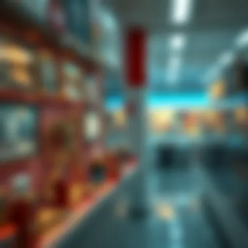 A digital art piece showing various AI-generated artworks displayed like commodities on a store shelf, highlighting the commercialization of creativity.