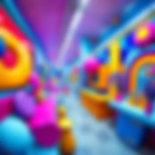 Colorful, surreal artwork created by AI with a retro style, featuring a fisheye lens effect that distorts shapes and colors.