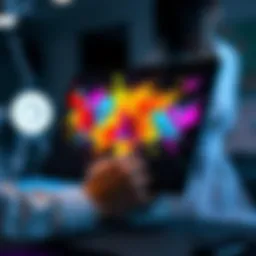 An artist using a digital tablet to create AI-generated artwork, with vibrant colors splashing on the screen, representing the blend of technology and creativity.