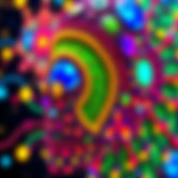 A close-up view of an AI-generated artwork featuring bright colors, intricate patterns, and imaginative themes expressing creativity