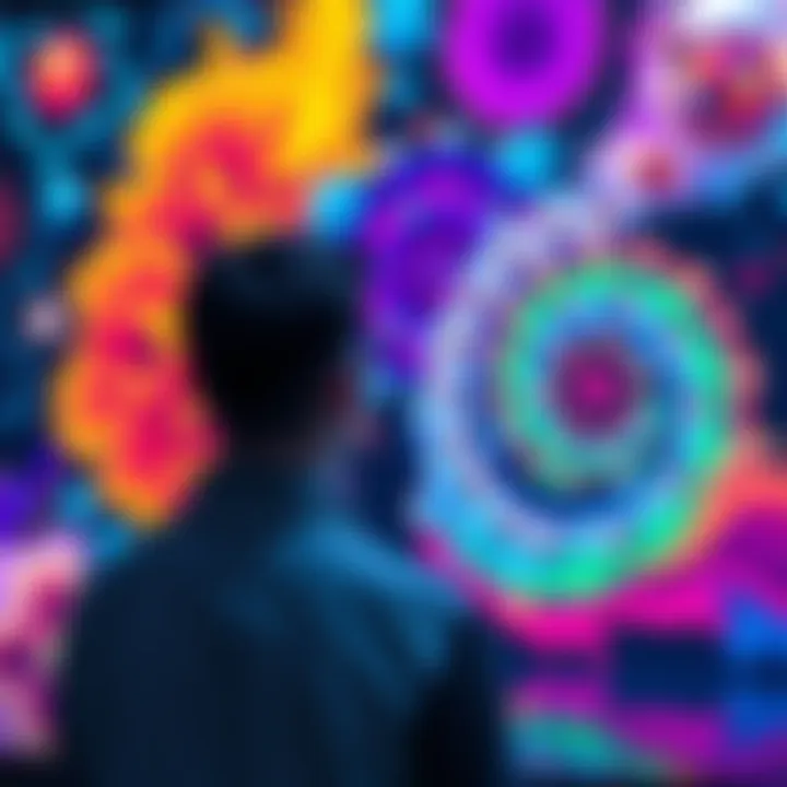 A person stands in front of a colorful display of AI-generated art, pondering its value and impact on creativity.