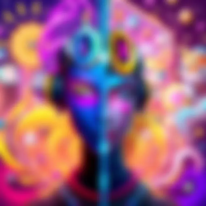 A split image showing vibrant AI-generated art on one side and colorful Gacha game characters on the other, symbolizing the debate between creativity in AI art and Gacha games.