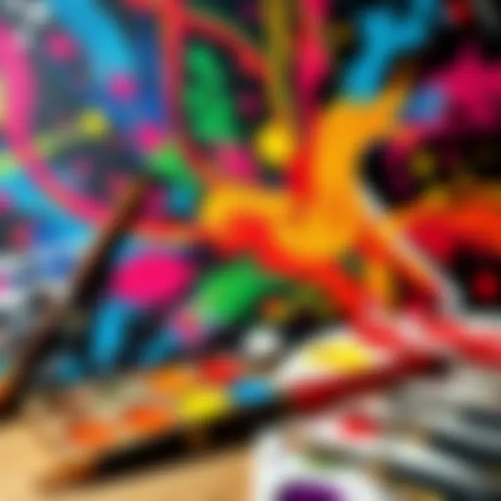 A colorful AI-generated artwork alongside a traditional paintbrush and palette, representing the blend of technology and human creativity.