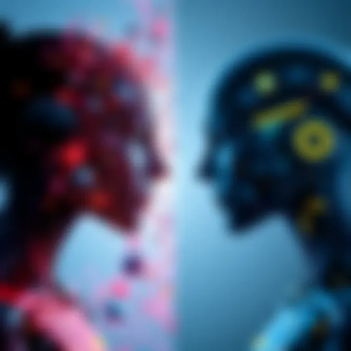 A split image showing vibrant human-made artwork on one side and dull AI-generated art on the other, highlighting the contrast in emotion and creativity.