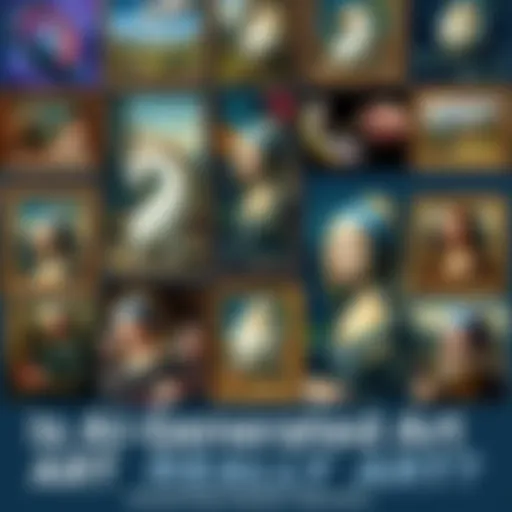 A side-by-side comparison of colorful AI-generated artwork with classic paintings, highlighting the differences in style and technique