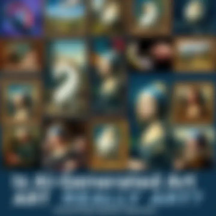 A side-by-side comparison of colorful AI-generated artwork with classic paintings, highlighting the differences in style and technique