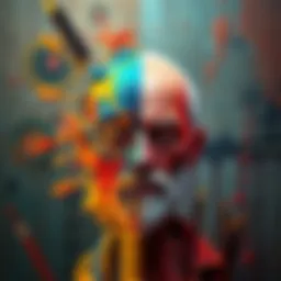 A split image showing an AI-generated artwork on one side and a traditional artist painting on the other, highlighting the contrast between technology and human creativity.