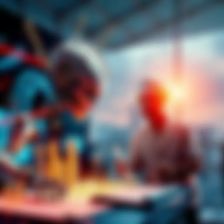 AI Artist and Architect Clash An AI artist creates digital designs alongside a traditional architect working on blueprints, symbolizing the competition between technology and traditional methods in architecture.