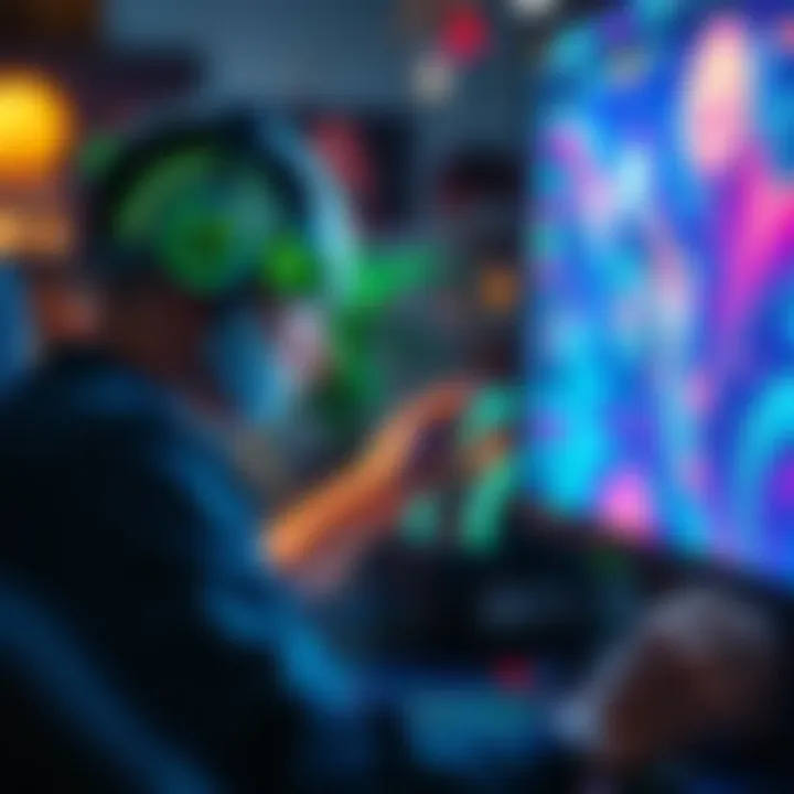 AI artist creating digital art An AI artist working on a computer, focused on creating vibrant digital artwork, comparing emotions with traditional artists.