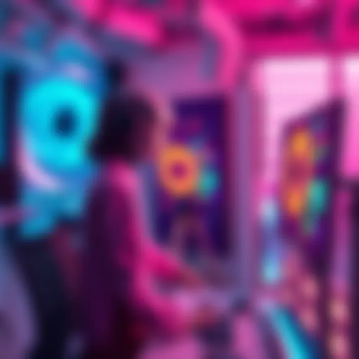 An AI artist using a computer to create colorful digital artwork in a modern studio setting
