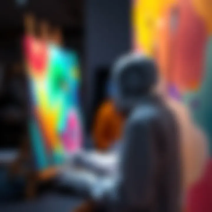 An AI artist at a digital canvas, producing a vibrant artwork with unique shapes and colors