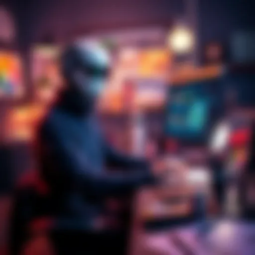 A digital artist working on an AI art piece with a tablet and software tools, surrounded by colorful graphics and art supplies.